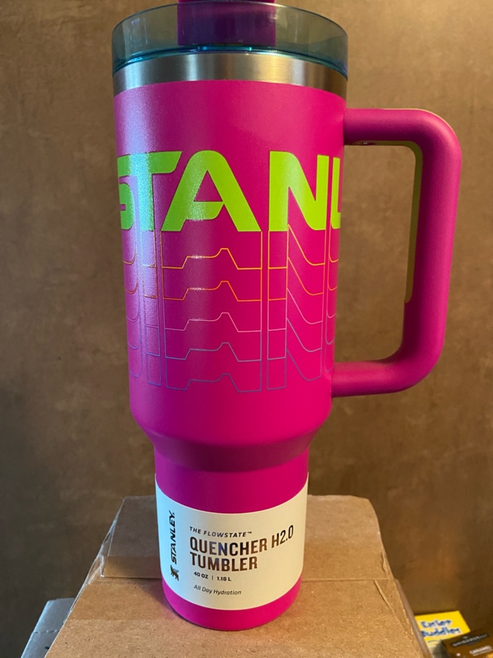 Stanley Bright Pink Travel Tumbler with Neon Green Logo